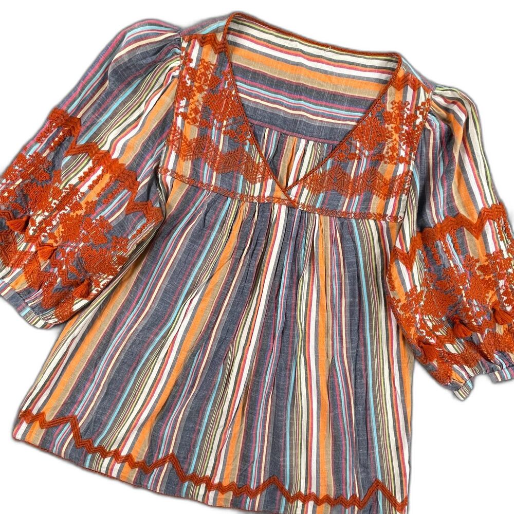 Tru Luxe Style Rust Stripe Embroidered V Neck Blouse Boho Puff Sleeve M Folk Top